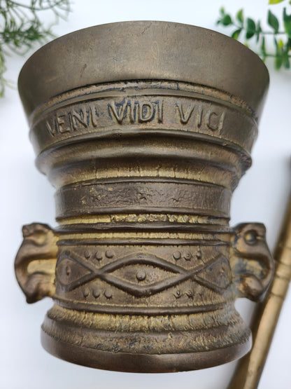Mörser mit Pistill Stößel Aufschrift Latein Messing Apotheke Hexe Trank Deko Kessel Kräuter Wicca Landhaus cottagecore academia witchcore