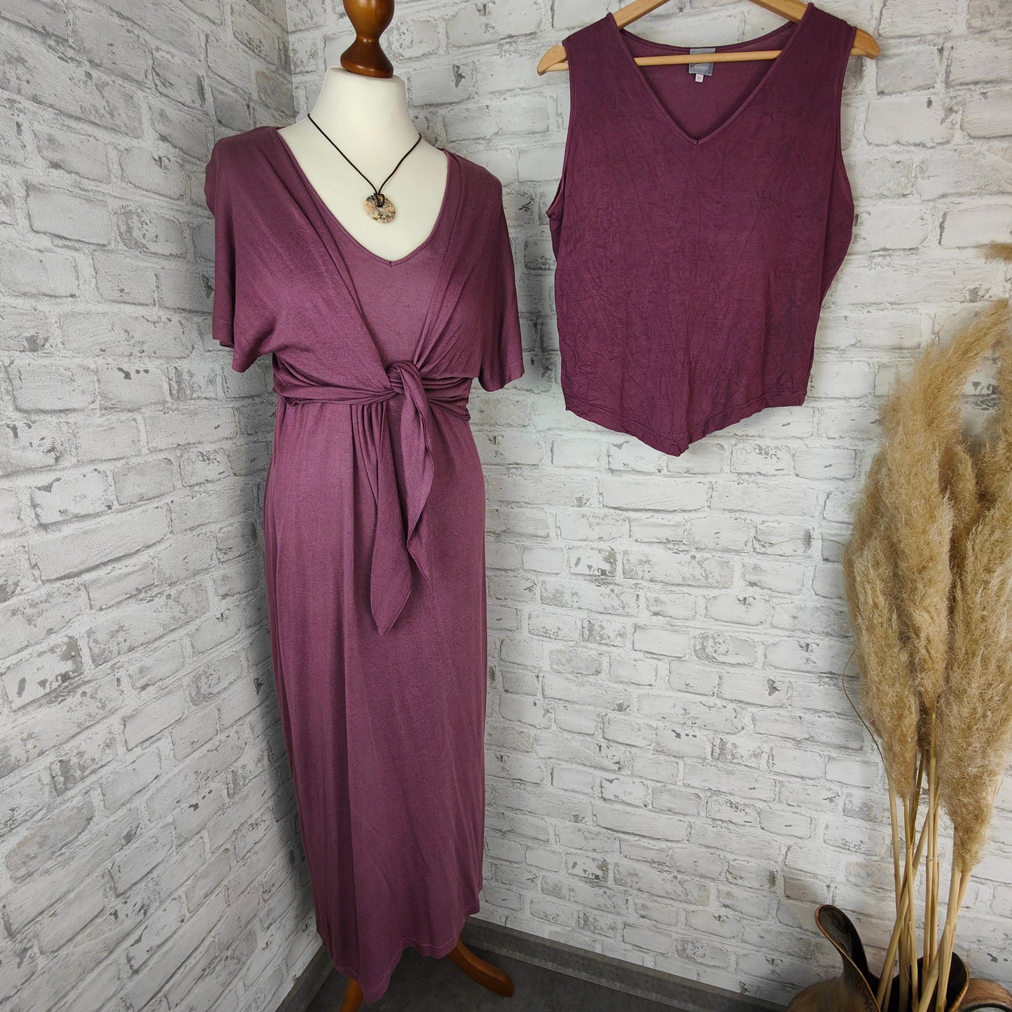 3-piece outfit set silk linen maxi dress floor length &amp; top &amp; bolero aubergine violet purple plum hippie Goa dress shrug jacket top house dress summer clothing combination style bundle