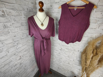 3-piece outfit set silk linen maxi dress floor length &amp; top &amp; bolero aubergine violet purple plum hippie Goa dress shrug jacket top house dress summer clothing combination style bundle