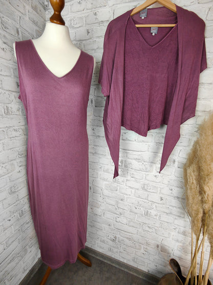 3-piece outfit set silk linen maxi dress floor length &amp; top &amp; bolero aubergine violet purple plum hippie Goa dress shrug jacket top house dress summer clothing combination style bundle