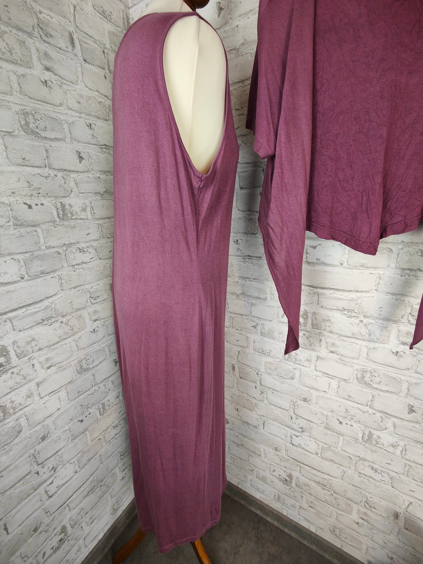 3-piece outfit set silk linen maxi dress floor length &amp; top &amp; bolero aubergine violet purple plum hippie Goa dress shrug jacket top house dress summer clothing combination style bundle