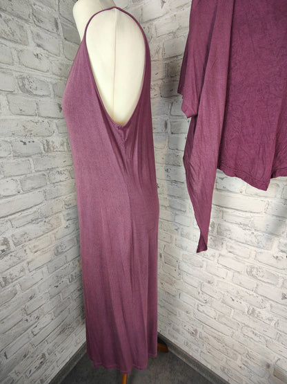 3-piece outfit set silk linen maxi dress floor length &amp; top &amp; bolero aubergine violet purple plum hippie Goa dress shrug jacket top house dress summer clothing combination style bundle