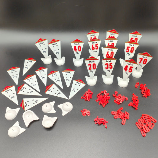 Large set of price tags, price display, showcase, shop window, display decoration, vintage D-Mark penny prop, flag, baker, ice cream parlor, candy store