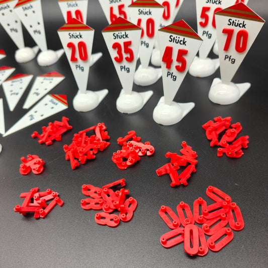 Large set of price tags, price display, showcase, shop window, display decoration, vintage D-Mark penny prop, flag, baker, ice cream parlor, candy store