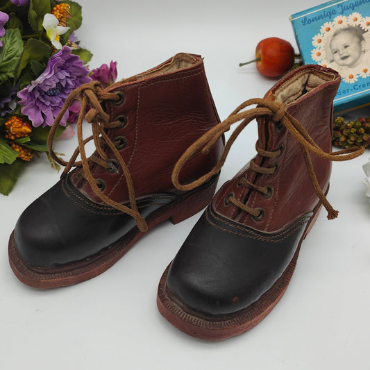 Antique children's leather shoes with wooden sole, brown and black lacing, 1939, doll shoes, lace-up boots, nostalgia, decorative, collectibles, rare