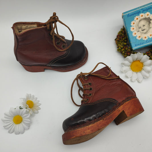 Antique children's leather shoes with wooden sole, brown and black lacing, 1939, doll shoes, lace-up boots, nostalgia, decorative, collectibles, rare