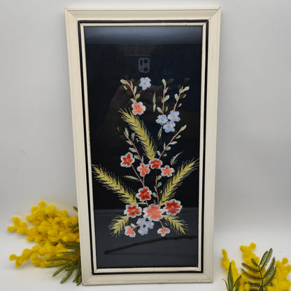Embroidery picture flowers framed cherry blossoms grain ears black background wooden frame picture 60s midcentury 1960s vintage shabby embroidery handcraft