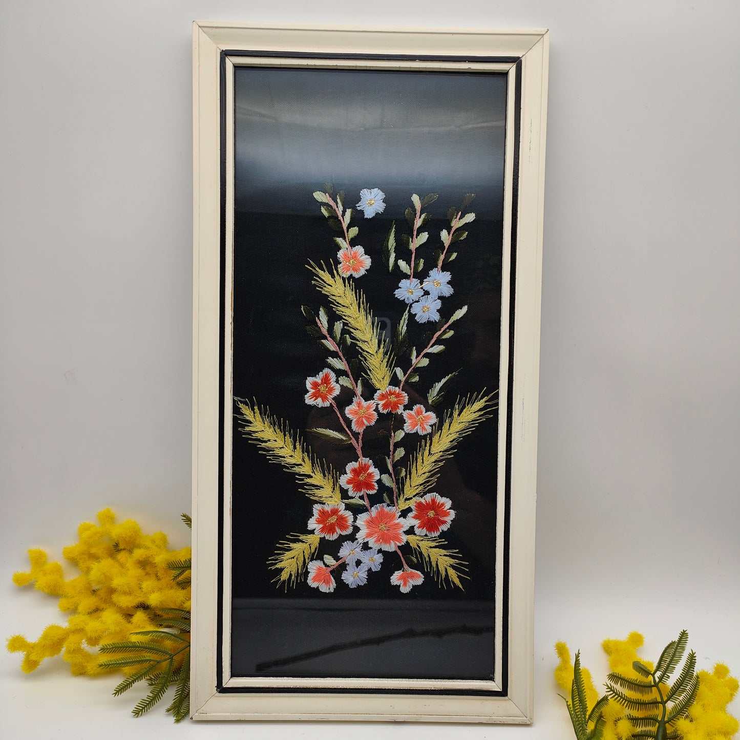Embroidery picture flowers framed cherry blossoms grain ears black background wooden frame picture 60s midcentury 1960s vintage shabby embroidery handcraft