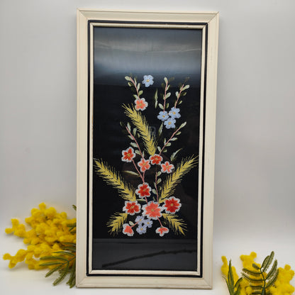 Embroidery picture flowers framed cherry blossoms grain ears black background wooden frame picture 60s midcentury 1960s vintage shabby embroidery handcraft