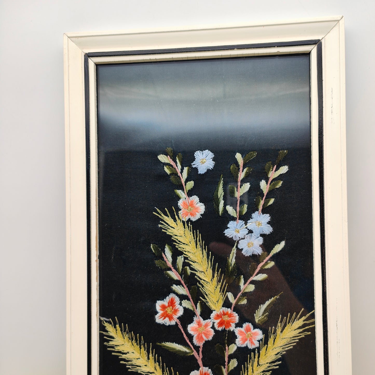 Embroidery picture flowers framed cherry blossoms grain ears black background wooden frame picture 60s midcentury 1960s vintage shabby embroidery handcraft