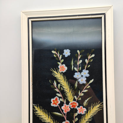 Embroidery picture flowers framed cherry blossoms grain ears black background wooden frame picture 60s midcentury 1960s vintage shabby embroidery handcraft