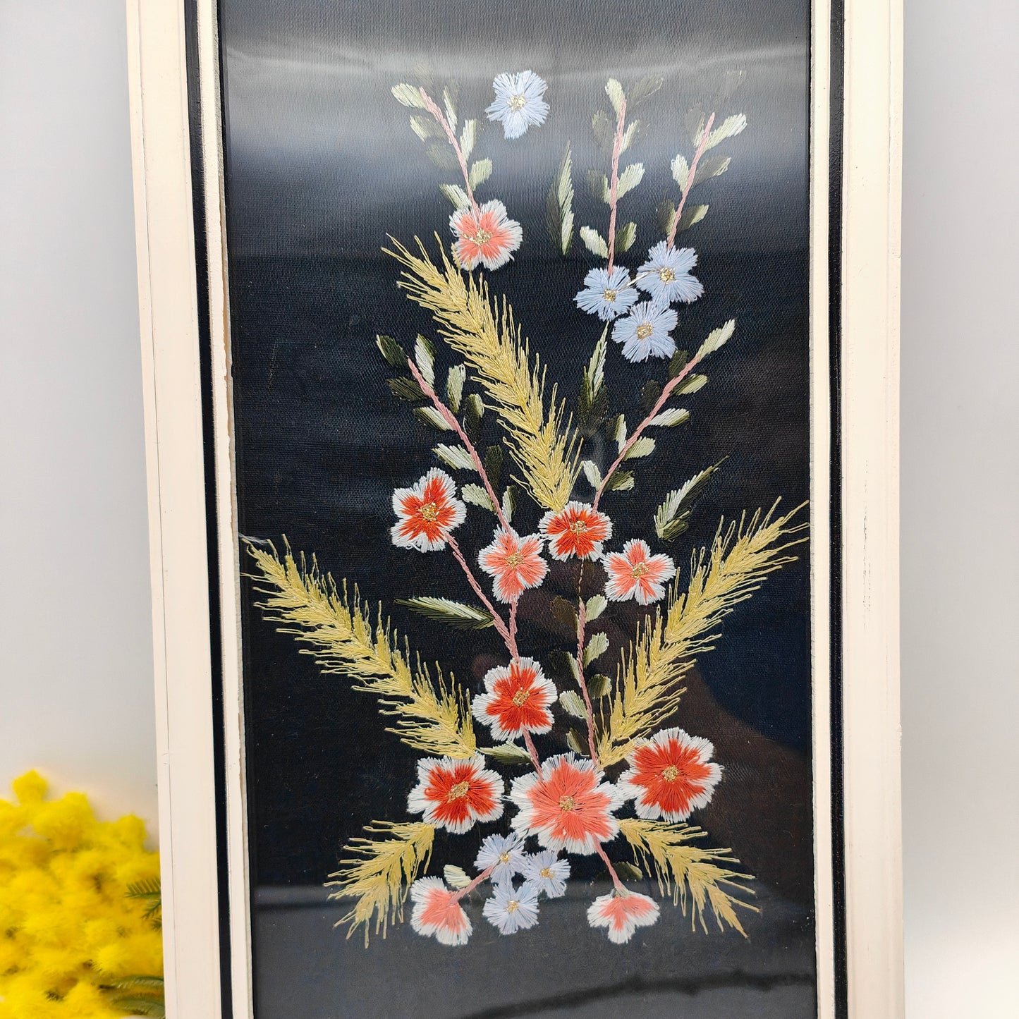 Embroidery picture flowers framed cherry blossoms grain ears black background wooden frame picture 60s midcentury 1960s vintage shabby embroidery handcraft
