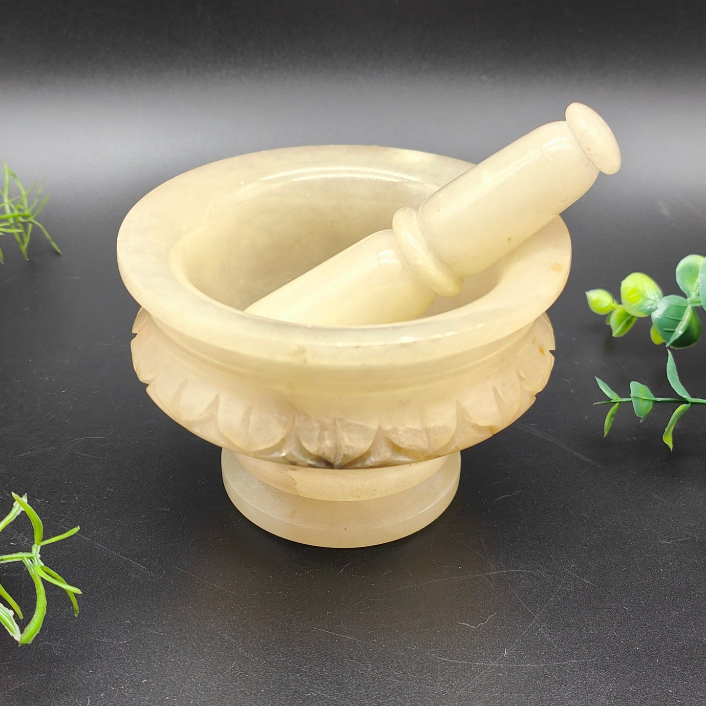 Mortar and pestle alabaster carved 12 cm mortar pestle stone Spain herbs kitchen spices pharmacy decoration handmade