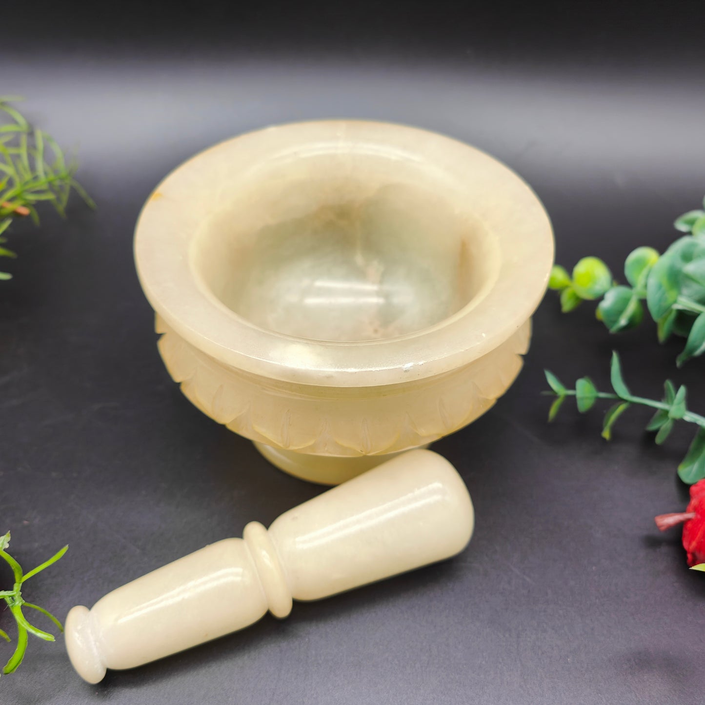 Mortar and pestle alabaster carved 12 cm mortar pestle stone Spain herbs kitchen spices pharmacy decoration handmade