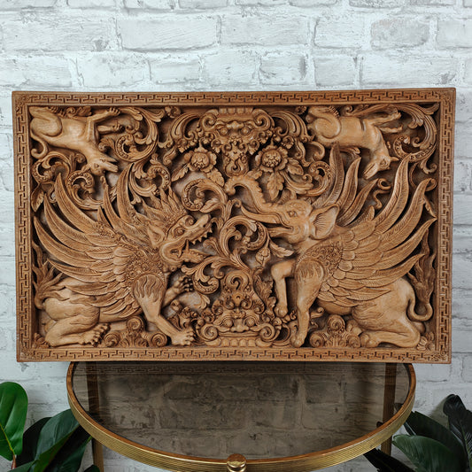 Large mural 3D mythological motif wood carving relief Garuda Ganesha Barong Asia Bali Thailand Indonesia hand-carved Asian art
