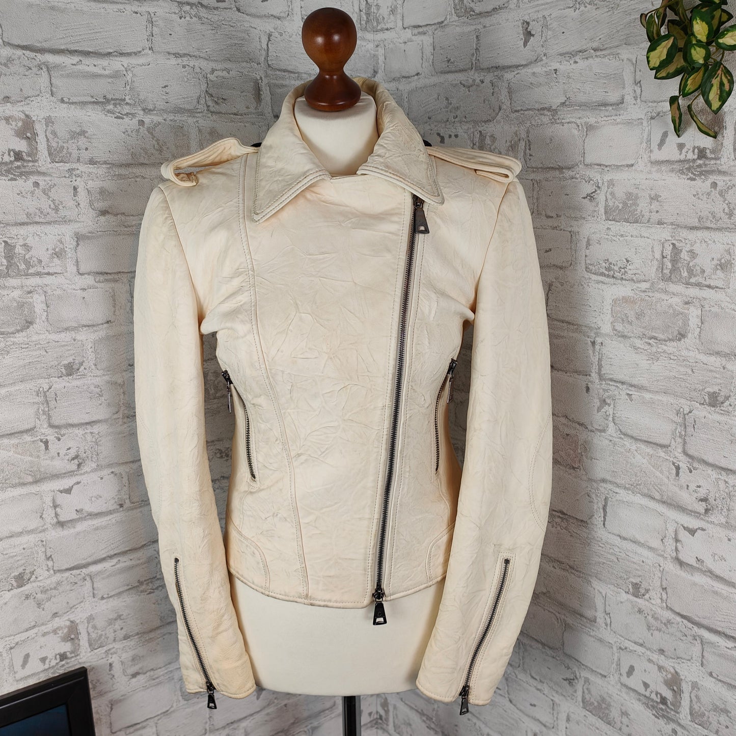 Leather jacket biker style cream-colored lamb nappa crunched Kapraun woman size 36 vintage nappa leather real leather biker jacket 1% natural motorcycle jacket