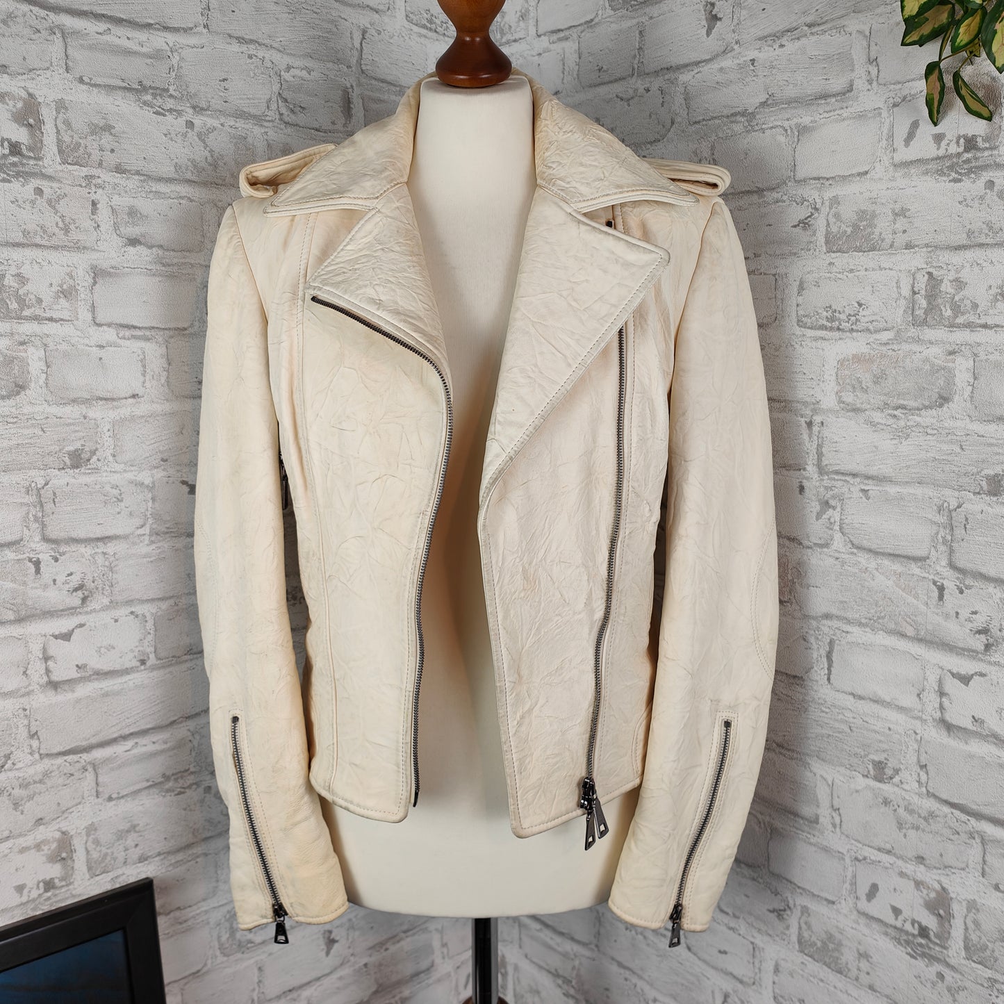 Leather jacket biker style cream-colored lamb nappa crunched Kapraun woman size 36 vintage nappa leather real leather biker jacket 1% natural motorcycle jacket