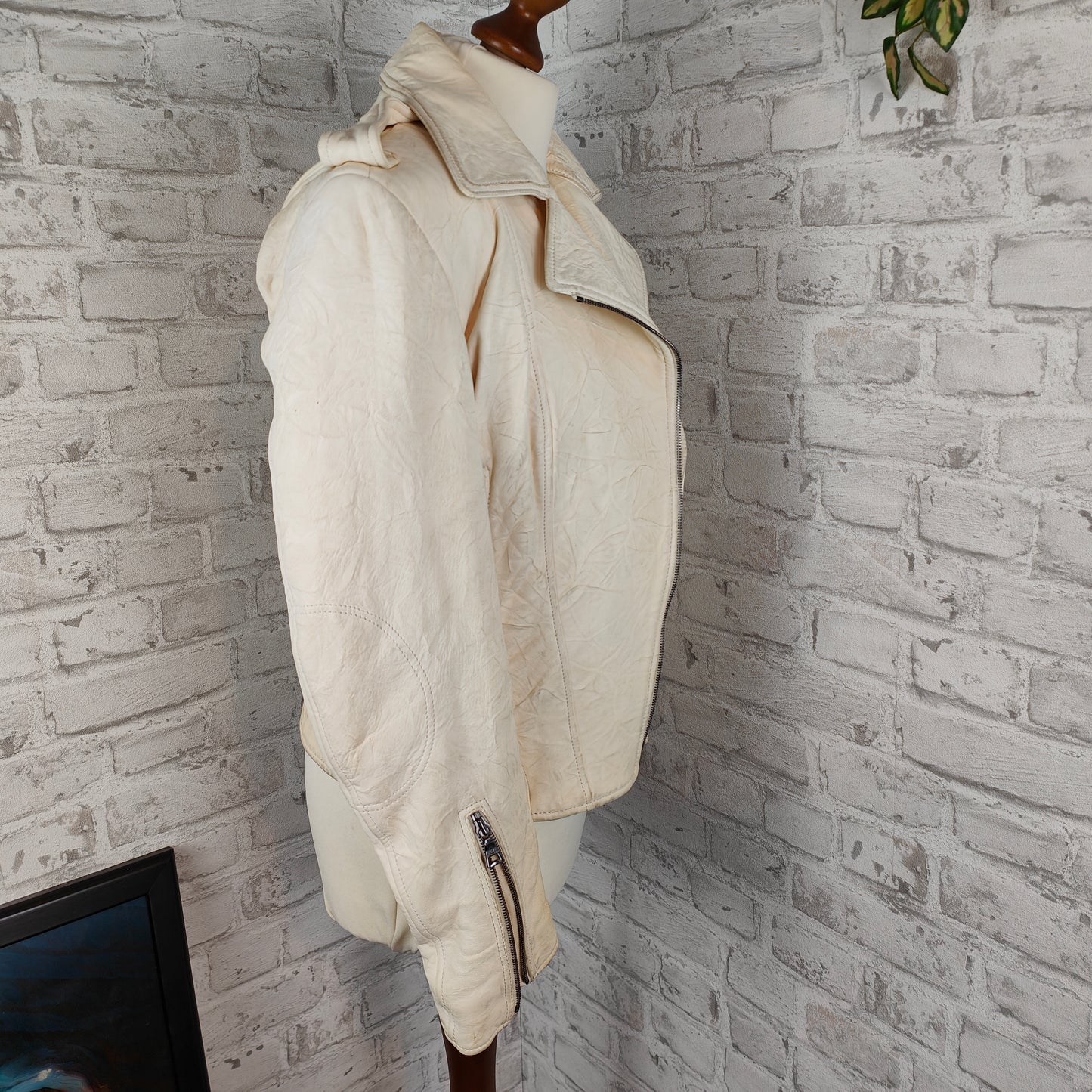 Leather jacket biker style cream-colored lamb nappa crunched Kapraun woman size 36 vintage nappa leather real leather biker jacket 1% natural motorcycle jacket