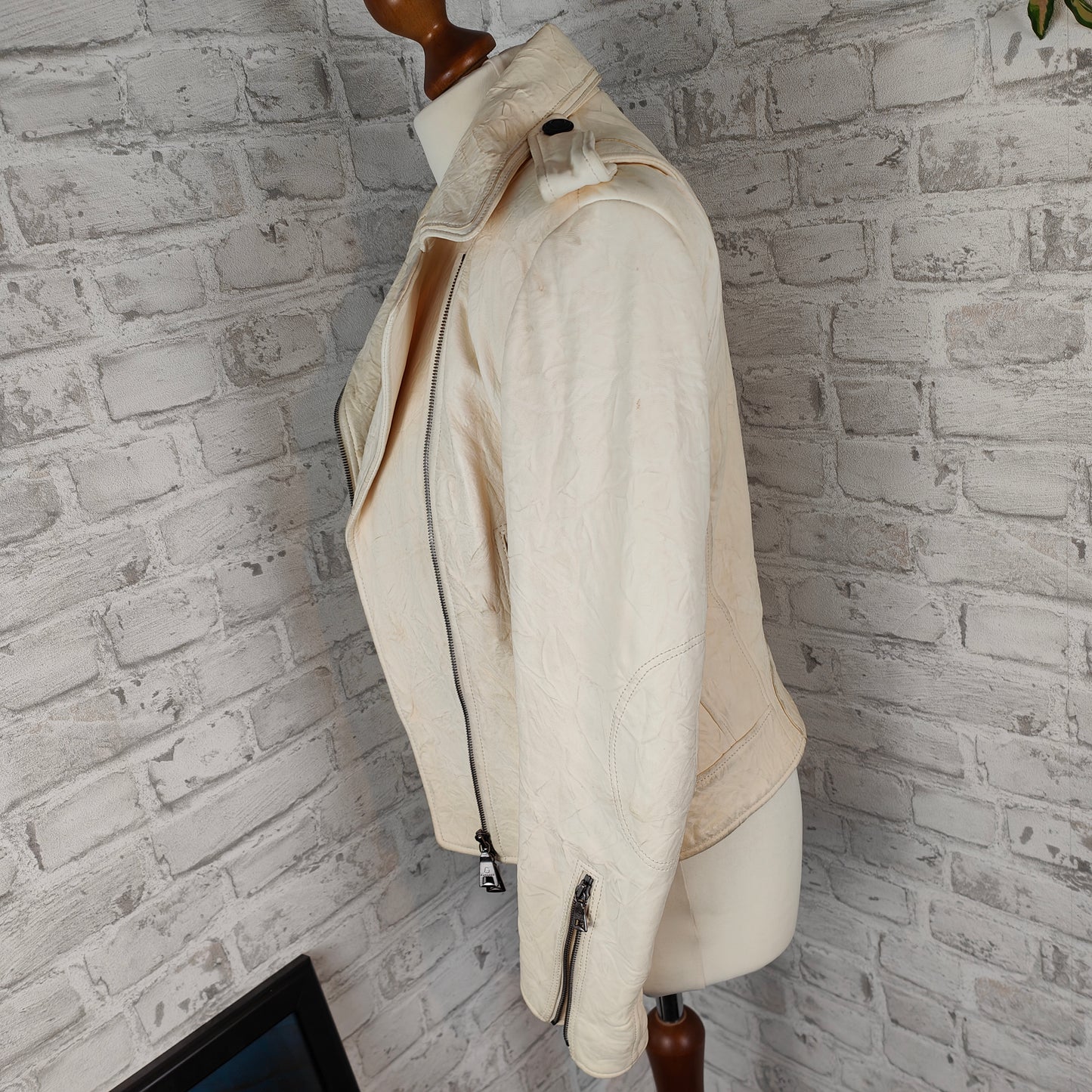 Leather jacket biker style cream-colored lamb nappa crunched Kapraun woman size 36 vintage nappa leather real leather biker jacket 1% natural motorcycle jacket