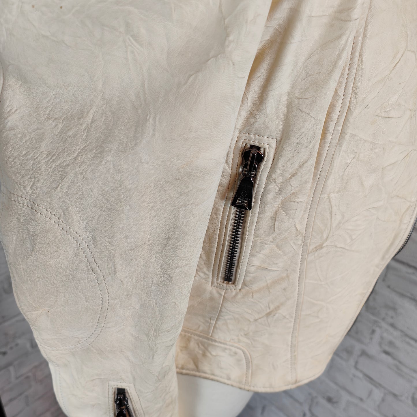 Leather jacket biker style cream-colored lamb nappa crunched Kapraun woman size 36 vintage nappa leather real leather biker jacket 1% natural motorcycle jacket