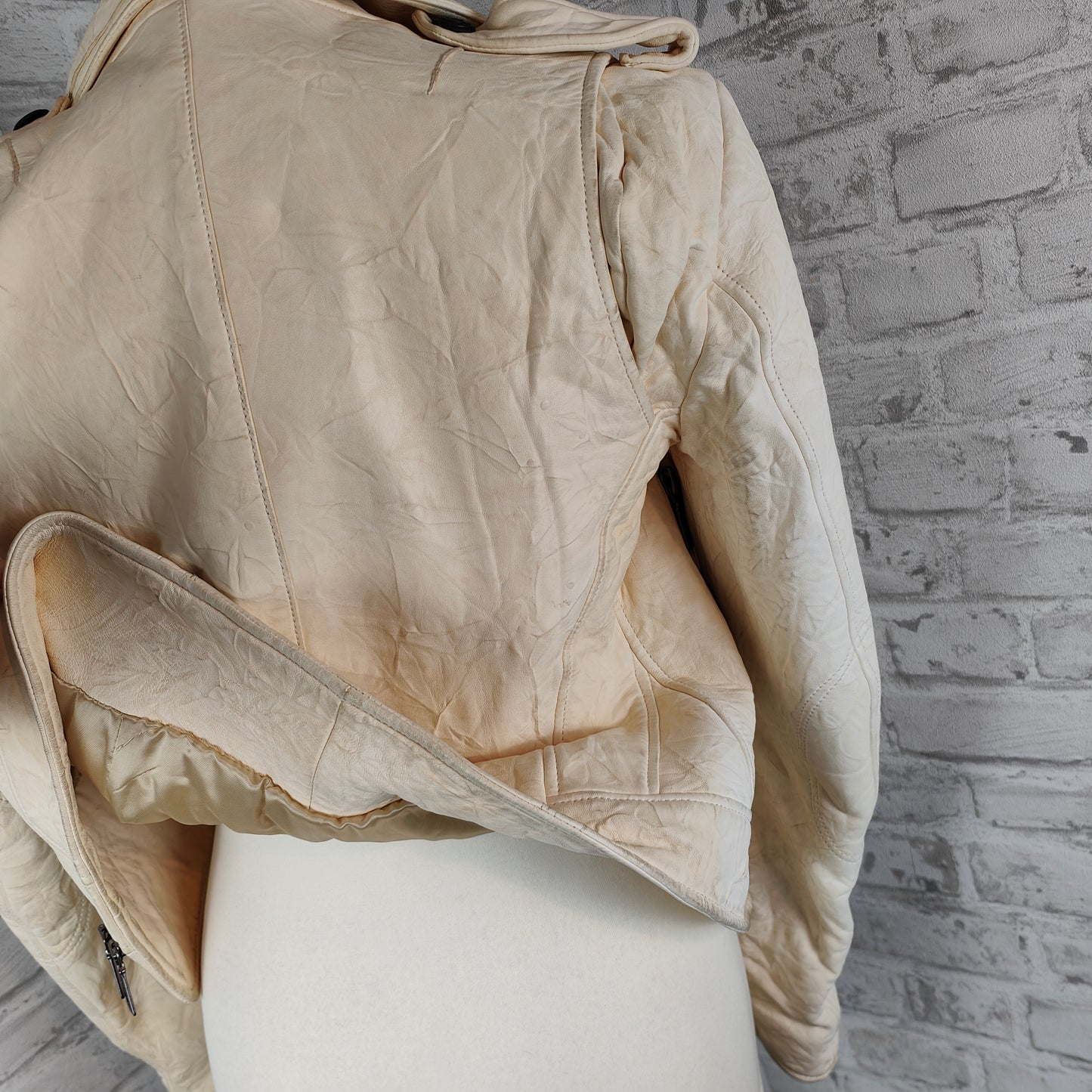 Leather jacket biker style cream-colored lamb nappa crunched Kapraun woman size 36 vintage nappa leather real leather biker jacket 1% natural motorcycle jacket
