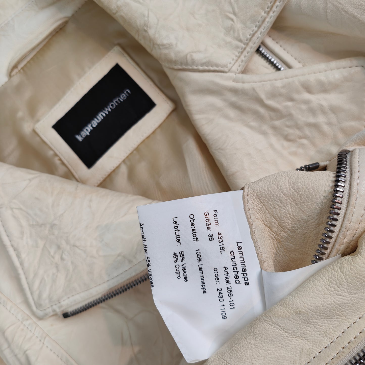 Leather jacket biker style cream-colored lamb nappa crunched Kapraun woman size 36 vintage nappa leather real leather biker jacket 1% natural motorcycle jacket