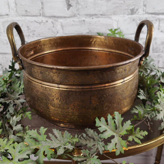 Jardiniere brass planter handles round flower pattern ornaments antique French planter golden yellow flowerpot garden vintage planter