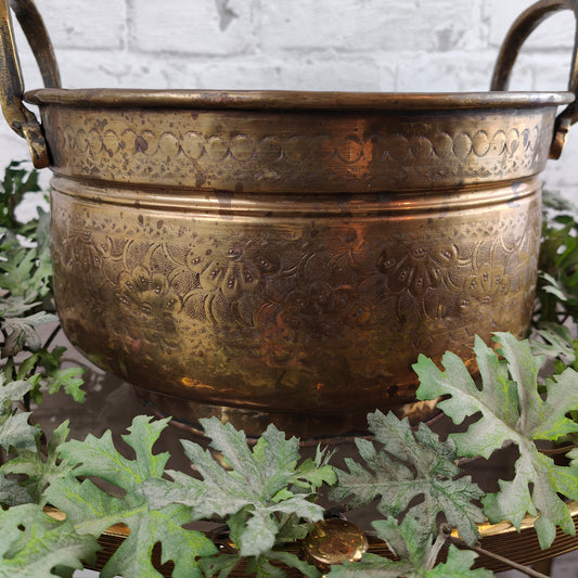 Jardiniere brass planter handles round flower pattern ornaments antique French planter golden yellow flowerpot garden vintage planter