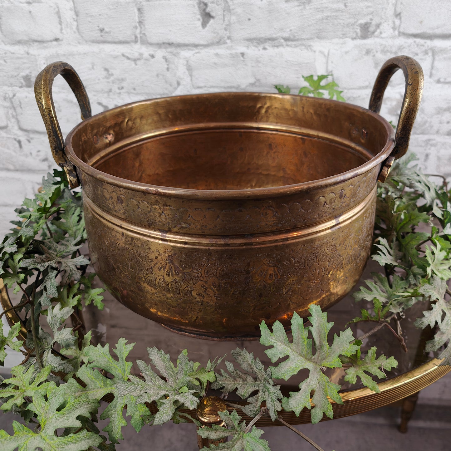 Jardiniere brass planter handles round flower pattern ornaments antique French planter golden yellow flowerpot garden vintage planter