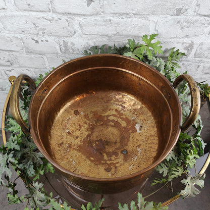 Jardiniere brass planter handles round flower pattern ornaments antique French planter golden yellow flowerpot garden vintage planter