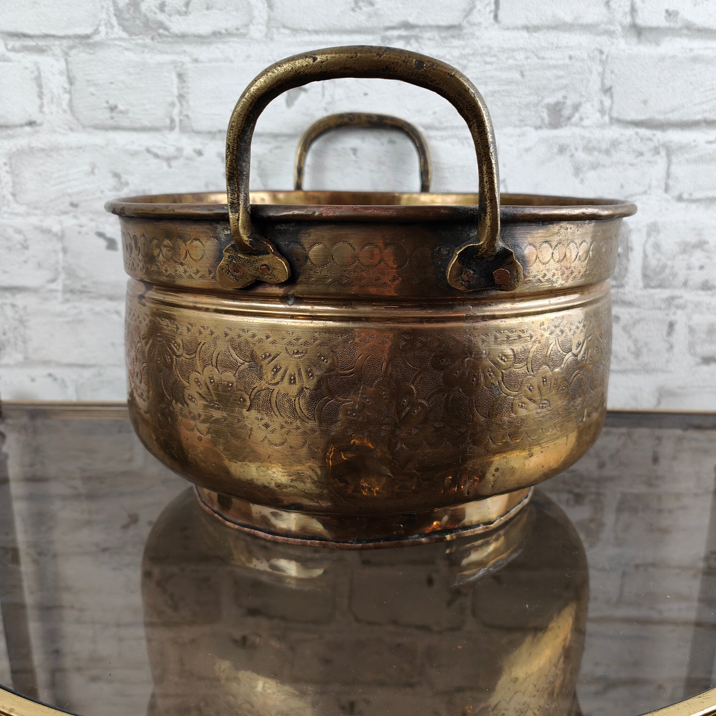 Jardiniere brass planter handles round flower pattern ornaments antique French planter golden yellow flowerpot garden vintage planter