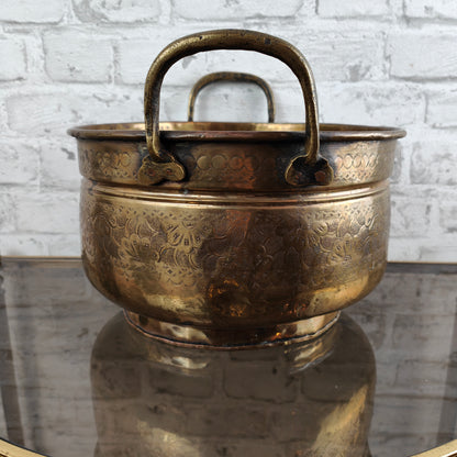Jardiniere brass planter handles round flower pattern ornaments antique French planter golden yellow flowerpot garden vintage planter