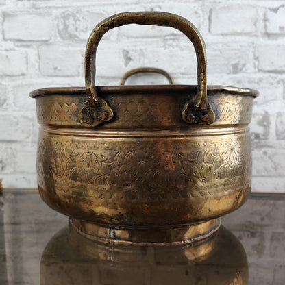 Jardiniere brass planter handles round flower pattern ornaments antique French planter golden yellow flowerpot garden vintage planter