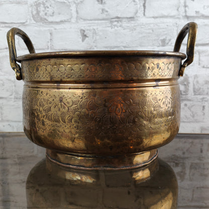 Jardiniere brass planter handles round flower pattern ornaments antique French planter golden yellow flowerpot garden vintage planter