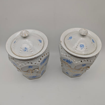 Lot de 2 bocaux de rangement en céramique pour nouilles de sucre, récipients de rangement à bord doré, fleurs bleues, style shabby chic, style cottagecore, grannycore, antique