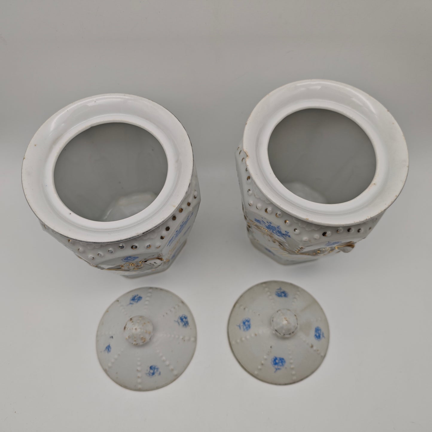 Lot de 2 bocaux de rangement en céramique pour nouilles de sucre, récipients de rangement à bord doré, fleurs bleues, style shabby chic, style cottagecore, grannycore, antique