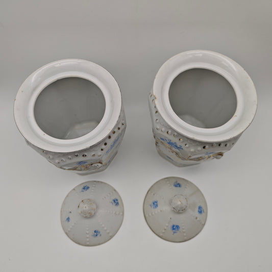 2x Vorratsdose Zucker Nudeln Keramik Gefäße Aufbewahrung Behälter Goldrand Blumen blau Shabby Chic Landhausstil cottagecore Grannycore antik