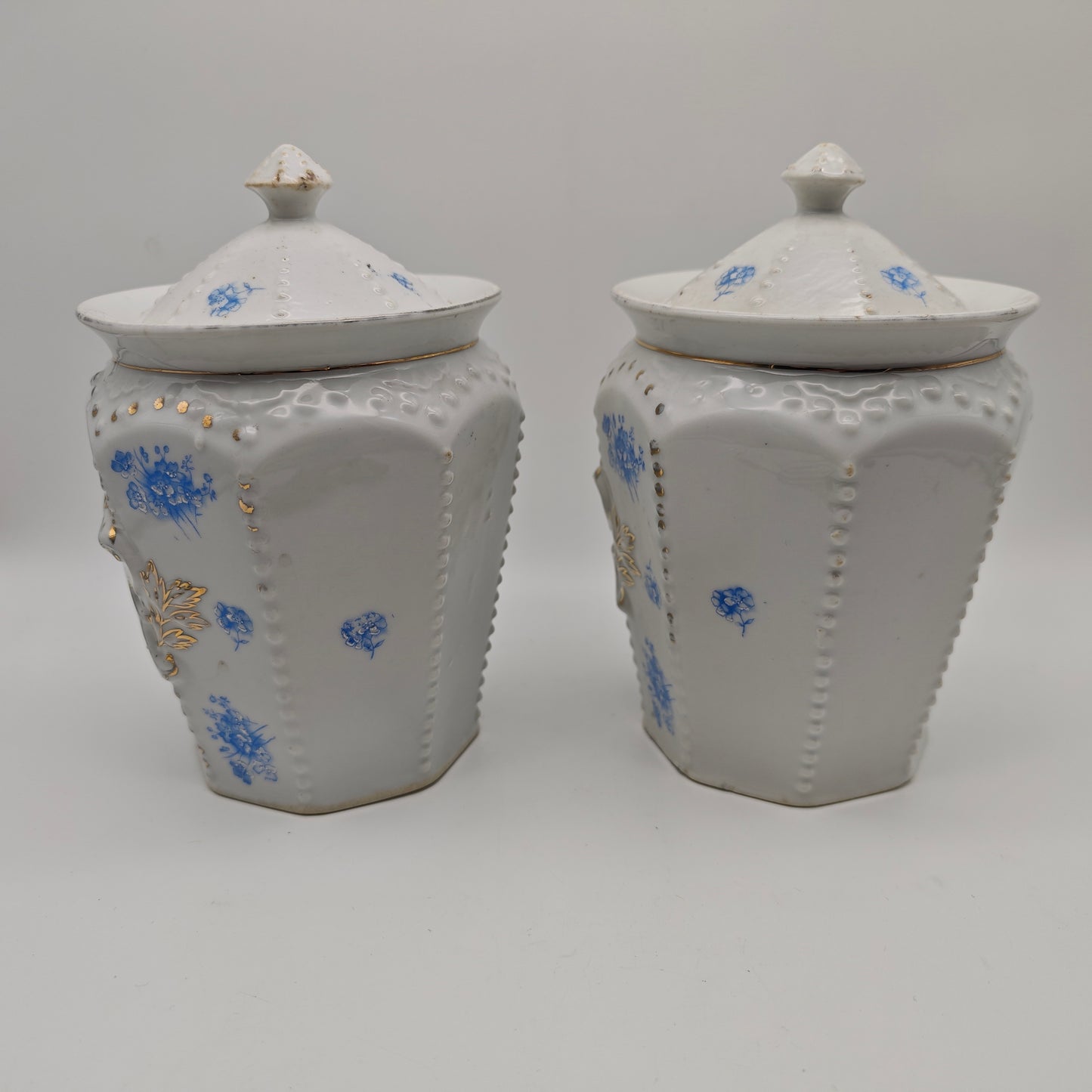 Lot de 2 bocaux de rangement en céramique pour nouilles de sucre, récipients de rangement à bord doré, fleurs bleues, style shabby chic, style cottagecore, grannycore, antique