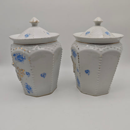 Lot de 2 bocaux de rangement en céramique pour nouilles de sucre, récipients de rangement à bord doré, fleurs bleues, style shabby chic, style cottagecore, grannycore, antique