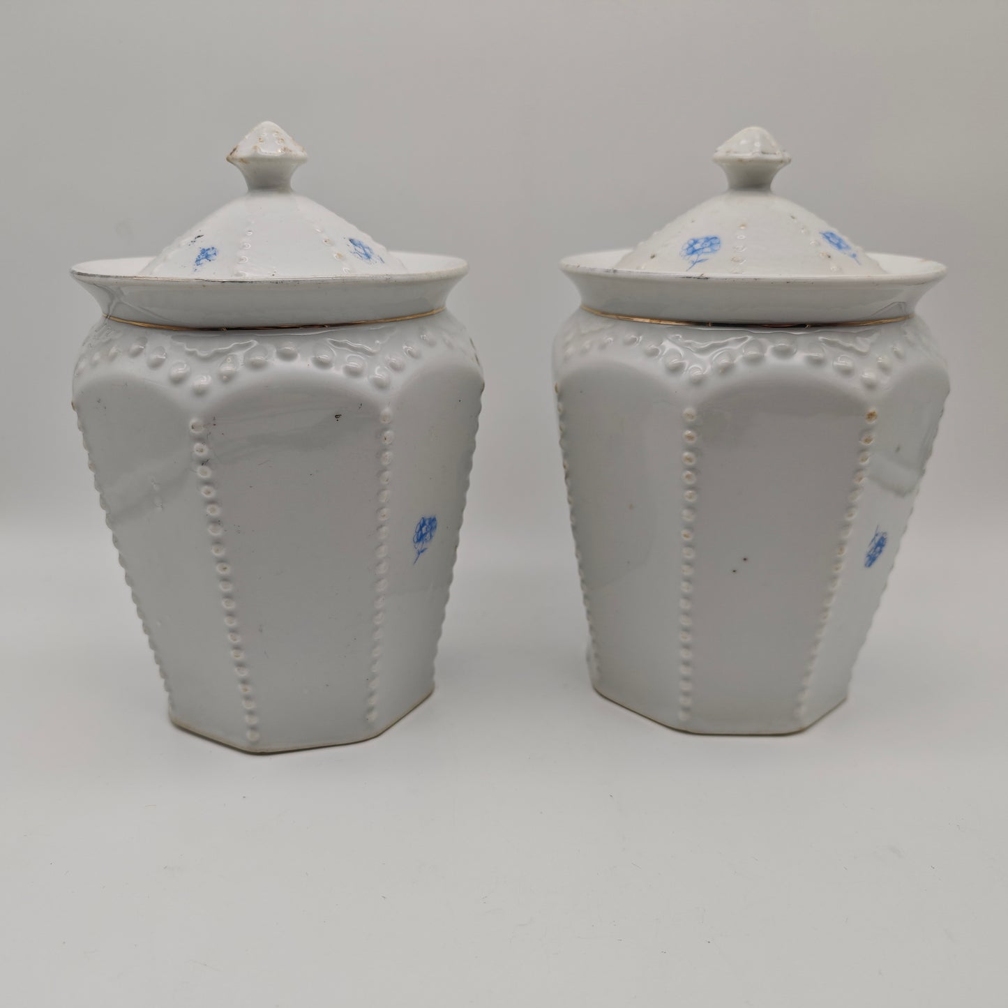 Lot de 2 bocaux de rangement en céramique pour nouilles de sucre, récipients de rangement à bord doré, fleurs bleues, style shabby chic, style cottagecore, grannycore, antique
