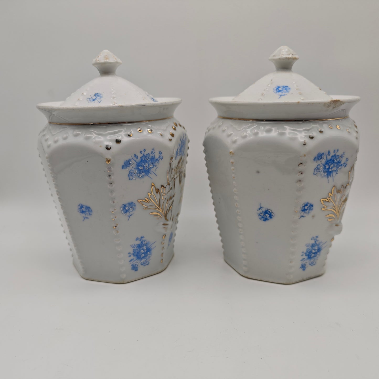 Lot de 2 bocaux de rangement en céramique pour nouilles de sucre, récipients de rangement à bord doré, fleurs bleues, style shabby chic, style cottagecore, grannycore, antique