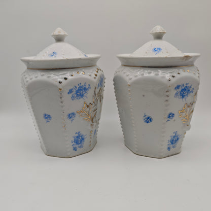 Lot de 2 bocaux de rangement en céramique pour nouilles de sucre, récipients de rangement à bord doré, fleurs bleues, style shabby chic, style cottagecore, grannycore, antique