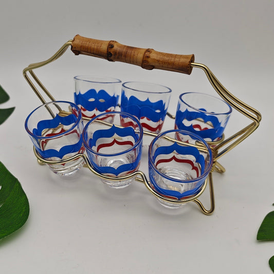 6x shot glasses in holder String Era Mid Century gold-colored shot glasses 50s 60s stamper brass carrier wire liqueur glass party rockabilly