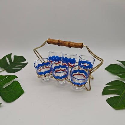 6x verres à liqueur dans un support String Era Mid Century verres à liqueur dorés années 50 60 estampillés en laiton support fil verre à liqueur fête rockabilly