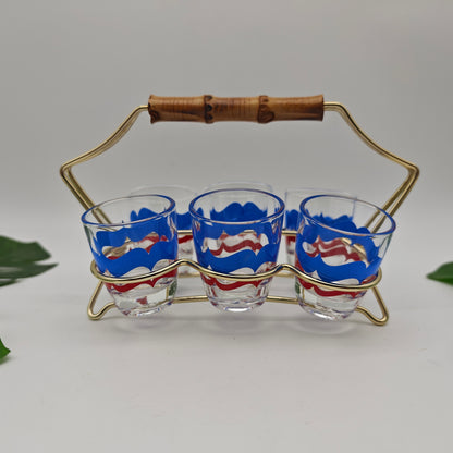 6x verres à liqueur dans un support String Era Mid Century verres à liqueur dorés années 50 60 estampillés en laiton support fil verre à liqueur fête rockabilly