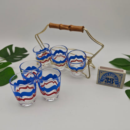 6x verres à liqueur dans un support String Era Mid Century verres à liqueur dorés années 50 60 estampillés en laiton support fil verre à liqueur fête rockabilly