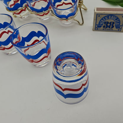 6x verres à liqueur dans un support String Era Mid Century verres à liqueur dorés années 50 60 estampillés en laiton support fil verre à liqueur fête rockabilly