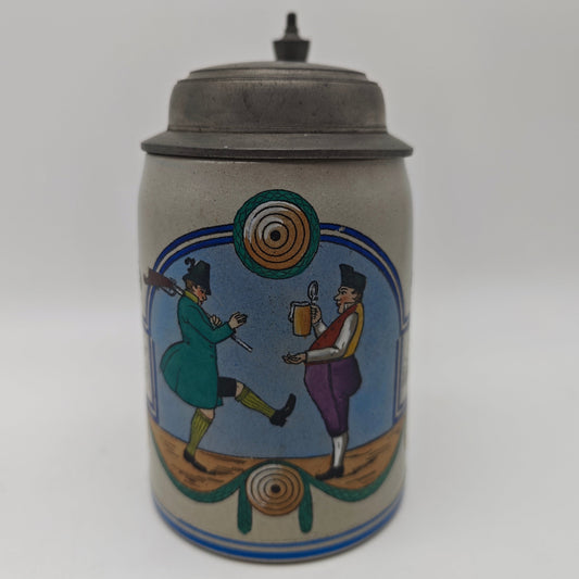 Beer mug "Practice eye and hand for the fatherland" antique tin lid reservists rifle club beer stein stoneware beer mug Germany imperial era