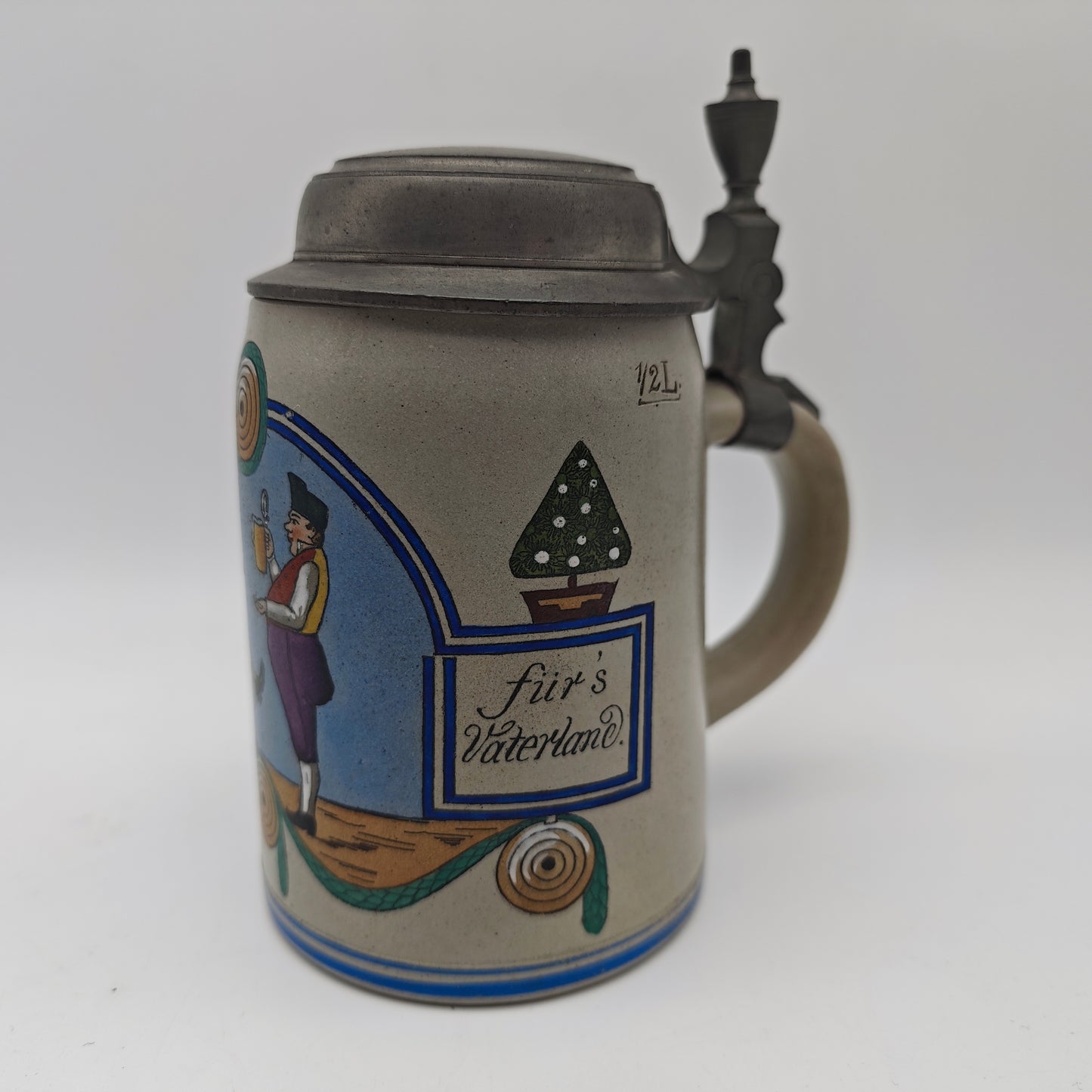 Beer mug "Practice eye and hand for the fatherland" antique tin lid reservists rifle club beer stein stoneware beer mug Germany imperial era