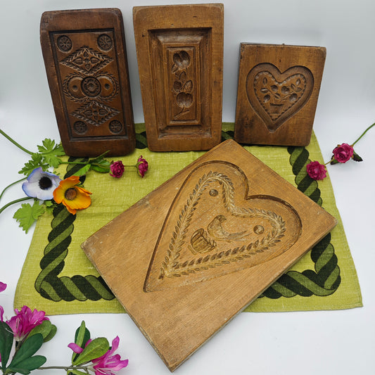 Springerle form wooden model baking form antique heart oak carved flower bouquet peacock bird lily of the valley roses decoration country house